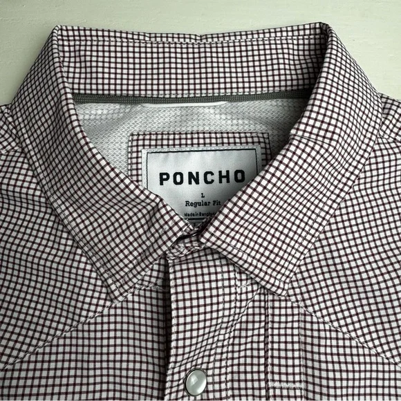 PONCHO Men's Long-Sleeve Pearl Snap Shirt in Maroon Microcheck - Picture 3 of 12
